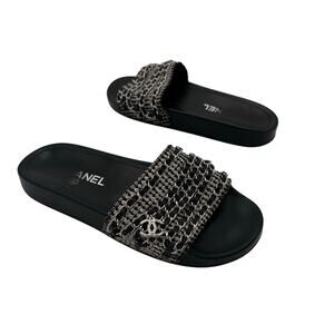 Chanel CC Chain Slide Sandals Flat Canvas Slip On Shoes Black Tweed Size 38